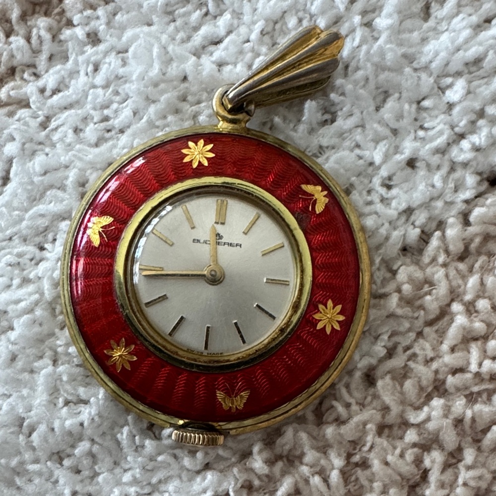 Vintage Bucherer Red Enamel Flower Swiss Made Pendant Watch-non working